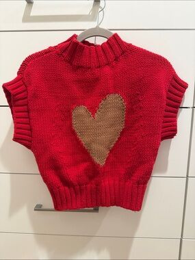 Maeve Red Knit Sweater Vest with Tan Heart